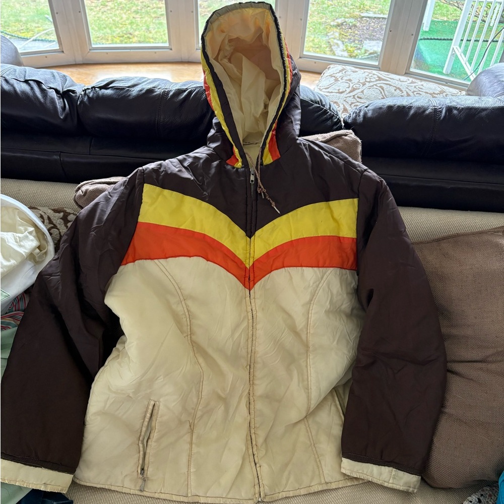 Vintage Brown and Cream Hooded Jacket with Yellow and Orange Accents